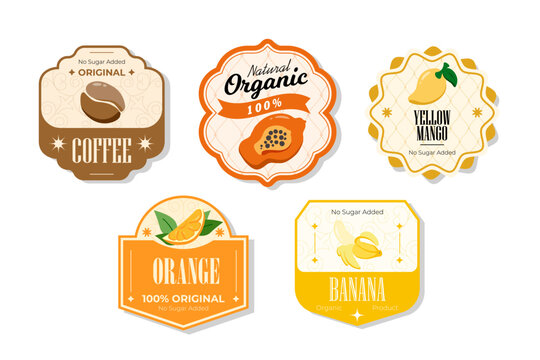 Retro fruits banner and labels. Different juices stickers. Packaging tags with banana, orange, yellow mango, coffee. Set of seasonal fruits labels stickers and marks or badges template for packaging