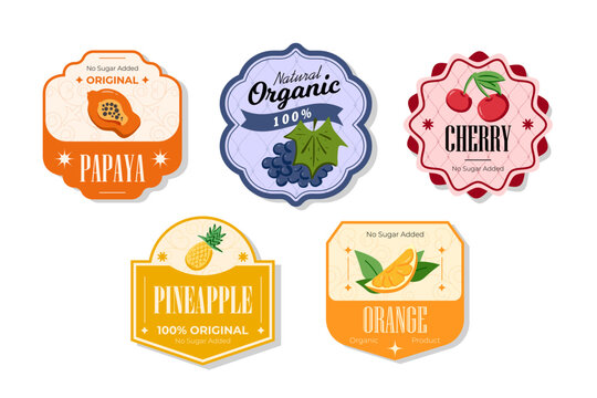 Retro fruits banner and labels. Different juices stickers. Packaging tags with papaya, cherry, pineapple, orange. Set of seasonal fruits labels stickers and marks or badges template for packaging
