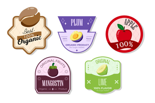 Retro fruits banner and labels. Different juices stickers. Packaging tags with apple, lime, mangostin, plum. Set of seasonal fruits labels stickers and marks or badges template for packaging