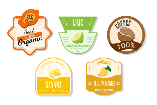 Retro fruits banner and labels. Different juices stickers. Packaging tags with yellow mango, coffee, banana, lime. Set of seasonal fruits labels stickers and marks or badges template for packaging