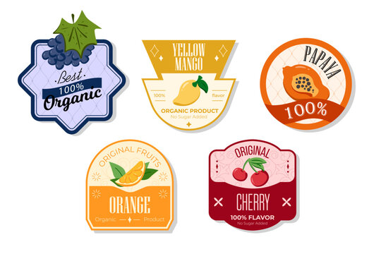 Retro fruits banner and labels. Different juices stickers. Packaging tags with yellow mango, papaya, orange, cherry. Set of seasonal fruits labels stickers and marks or badges template for packaging