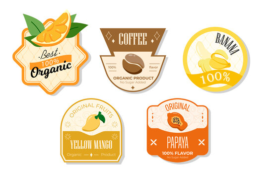 Retro fruits banner and labels. Different juices stickers. Packaging tags with yellow mango, papaya, banana, coffee. Set of seasonal fruits labels stickers and marks or badges template for packaging