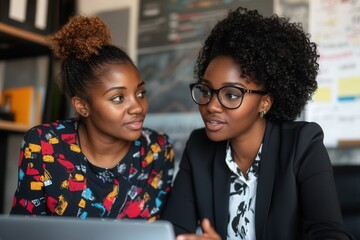 Poster - Two professionals studying financial data charts and graphs displayed on a laptop in a modern office. Concept of financial analysis or business evaluation