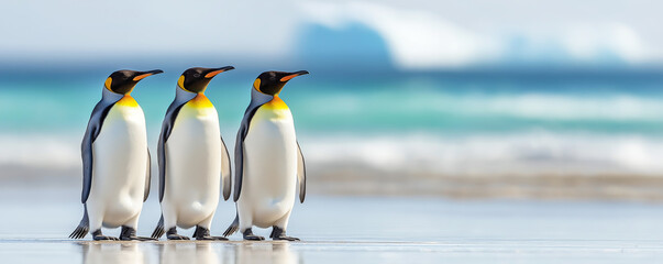 Wall Mural - three king penguins strolling along a sandy beach with the turquoise ocean waves in the background a