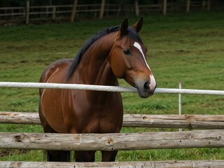 Canvas Print - Bay horse viewed from above in a paddock.