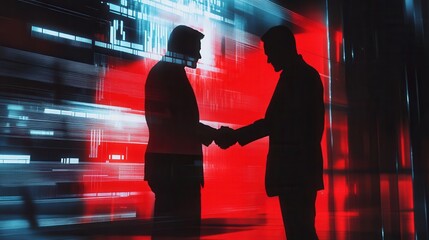 Poster - Two businessmen exchange a handshake, with a global stock market graph, bar chart, and a globe connected by network links on the background. This illustrates digital innovation, technology, internet