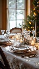 Wall Mural - Elegant Winter Dinner Party Table with Candles and Seasonal Decorations for Festive Gatherings