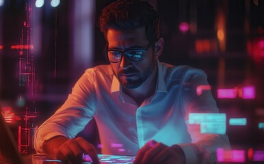 Poster - An analyst uses a computer and dashboard to carry out business data analysis and a Data Management System, connecting Key Performance Indicators (KPIs) and metrics to the database for technology