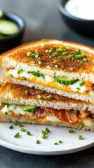 Sticker - Delicious grilled cheese sandwich with fresh vegetables on a dark plate