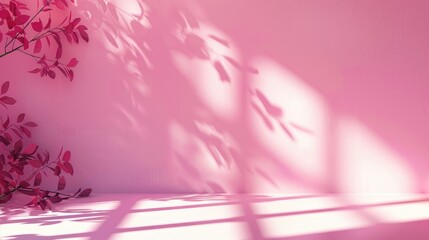 Poster - Pink color gradient studio background with shadows of window and foliage for product presentation.