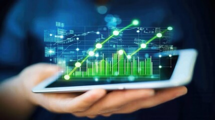 Poster - A businessman uses a tablet to display holographic graphs and stock market statistics, revealing profit gains. This visualizes growth planning and business strategy, with a positive economy shown on