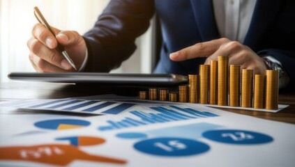 Poster - Businessman using a tablet to review sales data and financial report, with a business growth graph chart in view. Focused on digital marketing planning and strategy, financial report, business