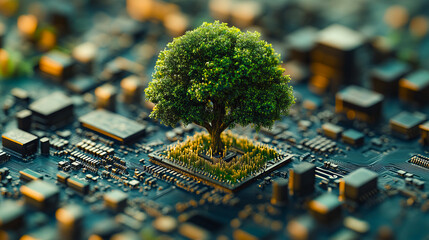 Wall Mural - tree growing on computer circuit board symbolizing technology and nature fusion