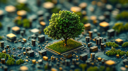 Wall Mural - tree growing on circuit board depicting technology and nature integration