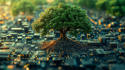 Wall Mural - digital nature fusion: tree growing from circuit board amidst technology