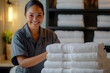 © john - Smiling hotel housekeeper arranging freshly laundered towels, providing excellent room service.