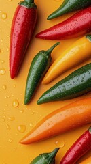 Wall Mural - Colorful assortment of fresh peppers on a vibrant background with water droplets