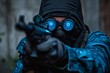 © denklim - Soldier wearing tactical gear points rifle with glowing goggles in night setting