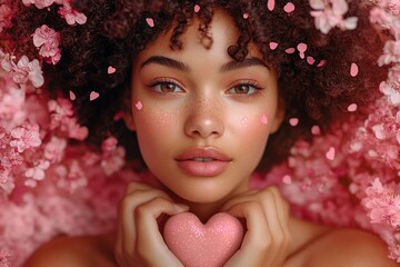 Sticker - Happy young woman holds in hands heart