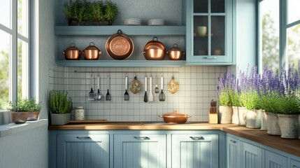 Wall Mural - Cozy and Charming Blue Kitchen with Fresh Herbs and Copper Pots