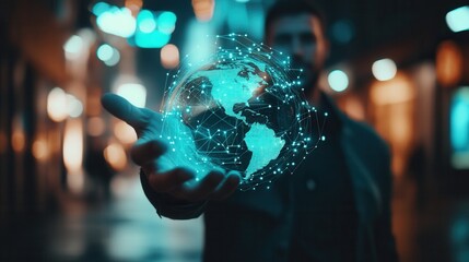 Poster - A man's hand holding a virtual global internet connection to the metaverse, symbolizing business, global internet connection, application technology, digital marketing, financial and banking, digital