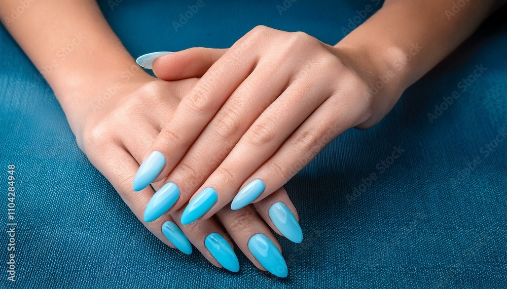hand model with long nails painted in a light blue color nail salon ...