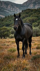 Canvas Print - Black Spanish stallion in a scenic landscape.