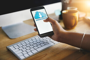 Poster - Cloud computing, download and phone with hands of employee in office for data storage, security and internet. Technology, software and ux with closeup of business person for iot and connection