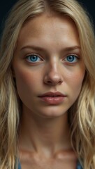 Wall Mural - Blonde woman with blue eyes, AI-generated portrait.