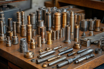 Fototapete - Collection of intricately crafted metallic components displayed on a workbench