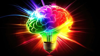 Poster - Colorful Light Bulb Brain Concept with Vibrant Energy Effects