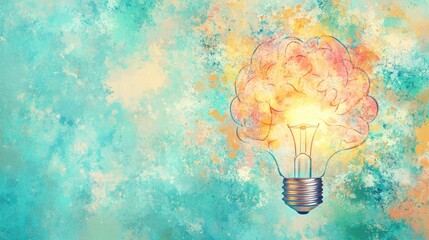 Poster - Creative Concept of Light Bulb with Brain Overlay on Colorful Background
