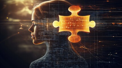 Poster - Conceptual Image of a Woman with Puzzle Piece in Head
