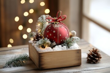 A vibrant red ornament adorned with a delicate bow sits elegantly atop a beautifully wrapped gift box, radiating the joy of Christmas spirit.