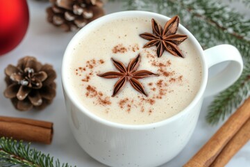 Canvas Print - Warm spiced drink served in a white cup with festive decorations and aromatic spices