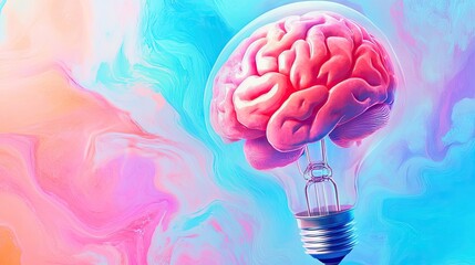Poster - Brain Inside Lightbulb with Colorful Abstract Background Design