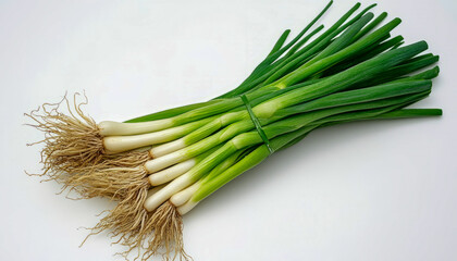 Wall Mural - Fresh green onions on white background