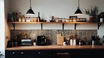 Wall Mural - Cozy and Modern Kitchen Interior with Open Shelving Design