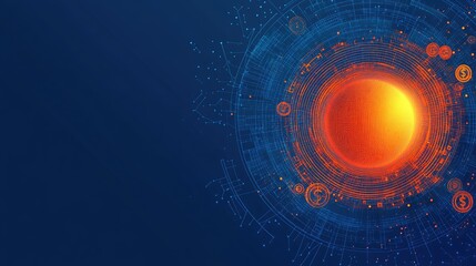 Poster - Abstract Digital Illustration of Glowing Sphere with Financial Symbols