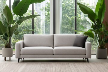 Poster - Modern gray sofa in bright indoor space surrounded by lush green plants