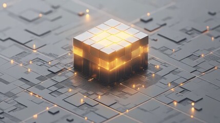 Poster - Illuminated Cube Amidst Geometric Patterns and Glistening Lights