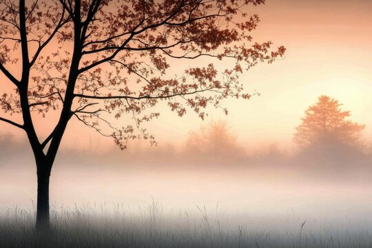 lonely tree in foggy landscape at dawn with soft pastel colors and serene atmosphere