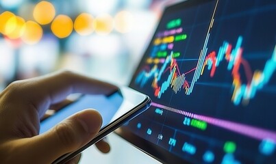 Poster - Stock exchange trading concept, trader using smartphone to analyze candle line graphs with bokeh lights at night in the city