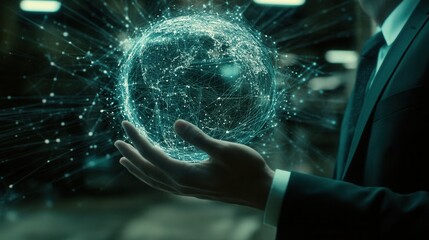 Poster - A male hand grasping a virtual global internet connection to the metaverse, illustrating business, global internet connection, application technology, digital marketing, financial and banking