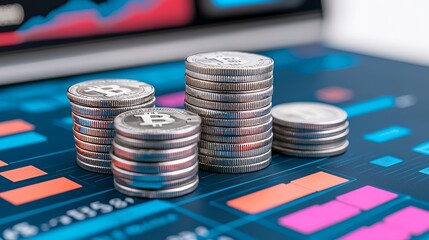 Poster - A vivid depiction of stock market trends, highlighting financial risk management, the debt ceiling, and the effects of quantitative easing on global economic growth, set against a background of coin