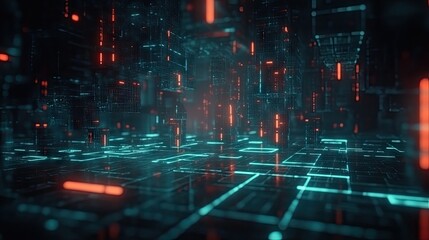 Poster - Futuristic Digital Landscape with Neon Lights in Dark Environment