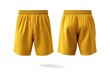 © gankevstock - Neutral yellow sports shorts with elastic waistband and double-stitched hem isolated on white background, ideal for branding and athletic mockups