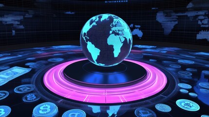 Poster - Digital Globe with World Map and Currency Symbols in a Tech Space
