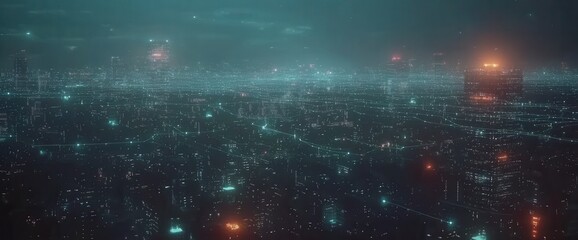 Poster - Smart city and abstract dot point linked by gradient line, aesthetic intricate wave line design, big data connection technology concept