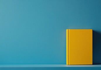 Poster - Bright Yellow Book Against a Minimalist Blue Wall, Perfect for Illustrating Learning, Education, Creativity, or Personal Development Themes in Design Projects